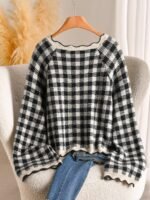 Elorivane Plus Size Black White Plaid Sweater, 80s Style Long Sleeve Versatile Autumn Casual Top - Image 14