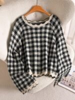 Elorivane Plus Size Black White Plaid Sweater, 80s Style Long Sleeve Versatile Autumn Casual Top - Image 15
