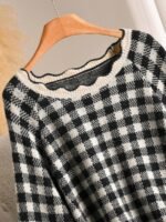 Elorivane Plus Size Black White Plaid Sweater, 80s Style Long Sleeve Versatile Autumn Casual Top - Image 16
