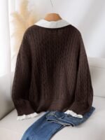 Elorivane Plus Size Brown Cable Knit Sweater, 90s Korean Lace Patchwork Pullover, Autumn Office Casual Top - Image 17