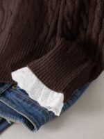 Elorivane Plus Size Brown Cable Knit Sweater, 90s Korean Lace Patchwork Pullover, Autumn Office Casual Top - Image 18