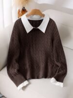 Elorivane Plus Size Brown Cable Knit Sweater, 90s Korean Lace Patchwork Pullover, Autumn Office Casual Top - Image 19