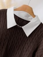 Elorivane Plus Size Brown Cable Knit Sweater, 90s Korean Lace Patchwork Pullover, Autumn Office Casual Top - Image 20