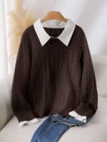 Elorivane Plus Size Brown Cable Knit Sweater, 90s Korean Lace Patchwork Pullover, Autumn Office Casual Top - Image 21