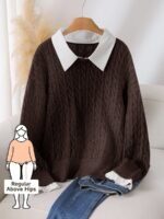 Elorivane Plus Size Brown Cable Knit Sweater, 90s Korean Lace Patchwork Pullover, Autumn Office Casual Top - Image 16