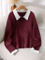 Elorivane Plus Size Brown Cable Knit Sweater, 90s Korean Lace Patchwork Pullover, Autumn Office Casual Top - Image 12