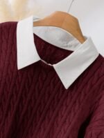Elorivane Plus Size Brown Cable Knit Sweater, 90s Korean Lace Patchwork Pullover, Autumn Office Casual Top - Image 13
