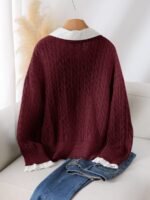 Elorivane Plus Size Brown Cable Knit Sweater, 90s Korean Lace Patchwork Pullover, Autumn Office Casual Top - Image 10