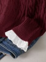 Elorivane Plus Size Brown Cable Knit Sweater, 90s Korean Lace Patchwork Pullover, Autumn Office Casual Top - Image 11