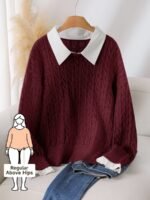 Elorivane Plus Size Brown Cable Knit Sweater, 90s Korean Lace Patchwork Pullover, Autumn Office Casual Top - Image 9