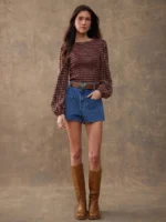 Elorivane Women Rust Brown Plaid Embroidered Blouse, Smocked Boatneck Long Puff Sleeve Ruffle Hem Western Cowgirl Fall Top - Image 9