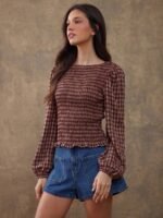 Elorivane Women Rust Brown Plaid Embroidered Blouse, Smocked Boatneck Long Puff Sleeve Ruffle Hem Western Cowgirl Fall Top - Image 11