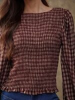 Elorivane Women Rust Brown Plaid Embroidered Blouse, Smocked Boatneck Long Puff Sleeve Ruffle Hem Western Cowgirl Fall Top - Image 12