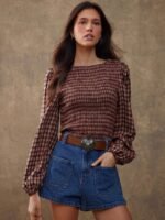 Elorivane Women Rust Brown Plaid Embroidered Blouse, Smocked Boatneck Long Puff Sleeve Ruffle Hem Western Cowgirl Fall Top - Image 7