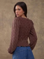 Elorivane Women Rust Brown Plaid Embroidered Blouse, Smocked Boatneck Long Puff Sleeve Ruffle Hem Western Cowgirl Fall Top - Image 8