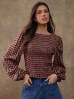 Elorivane Women Rust Brown Plaid Embroidered Blouse, Smocked Boatneck Long Puff Sleeve Ruffle Hem Western Cowgirl Fall Top - Image 10