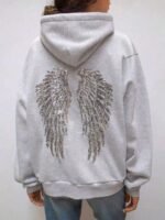 Elorivane Women's Light Grey Angel Wings Sweatshirt, Sequin Embroidery Y2K Dropped Shoulder Fall - Image 2