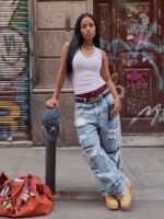 Elorivane Women's Distressed Straight Leg Jeans, American Street Style Casual Spring Fall