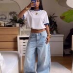 Elorivane Women's Blue Distressed Wide Leg Jeans, Low Waist, Slant Pocket Curved Hem, Casual Spring Fall Pants