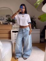 Elorivane Women's Blue Distressed Wide Leg Jeans, Low Waist, Slant Pocket Curved Hem, Casual Spring Fall Pants