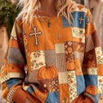 Elorivane Plus Size Women Halloween Pumpkin Plaid Floral Patchwork Crewneck Sweatshirt, Fall Winter Casual Pullover