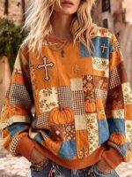 Elorivane Plus Size Women Halloween Pumpkin Plaid Floral Patchwork Crewneck Sweatshirt, Fall Winter Casual Pullover