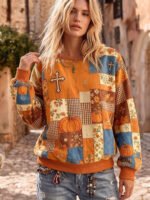 Elorivane Plus Size Women Halloween Pumpkin Plaid Floral Patchwork Crewneck Sweatshirt, Fall Winter Casual Pullover - Image 3