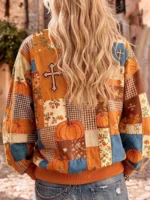Elorivane Plus Size Women Halloween Pumpkin Plaid Floral Patchwork Crewneck Sweatshirt, Fall Winter Casual Pullover - Image 2