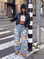 Elorivane Black Straight Leg Jeans, Y2K Rave Vintage, High Waist Side Pocket Slit, Casual Spring Fall Pants - Image 39
