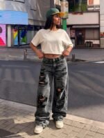 Elorivane Black Straight Leg Jeans, Y2K Rave Vintage, High Waist Side Pocket Slit, Casual Spring Fall Pants - Image 28