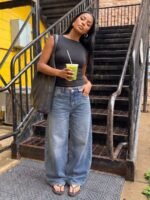 Elorivane Women's Low-Waist Wide Leg Blue Jeans, Curved Hem Casual Fall Denim - Image 7