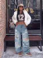 Elorivane Black Straight Leg Jeans, Y2K Rave Vintage, High Waist Side Pocket Slit, Casual Spring Fall Pants - Image 2