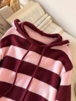 Elorivane Mauve Pink Striped Hooded Sweater, Drawstring Pom Pom Long Sleeve, Fall Winter Loose Vacation Casual Top - Image 5
