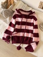Elorivane Mauve Pink Striped Hooded Sweater, Drawstring Pom Pom Long Sleeve, Fall Winter Loose Vacation Casual Top - Image 3