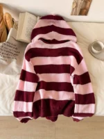 Elorivane Mauve Pink Striped Hooded Sweater, Drawstring Pom Pom Long Sleeve, Fall Winter Loose Vacation Casual Top - Image 2