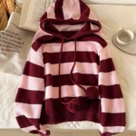 Elorivane Mauve Pink Striped Hooded Sweater, Drawstring Pom Pom Long Sleeve, Fall Winter Loose Vacation Casual Top