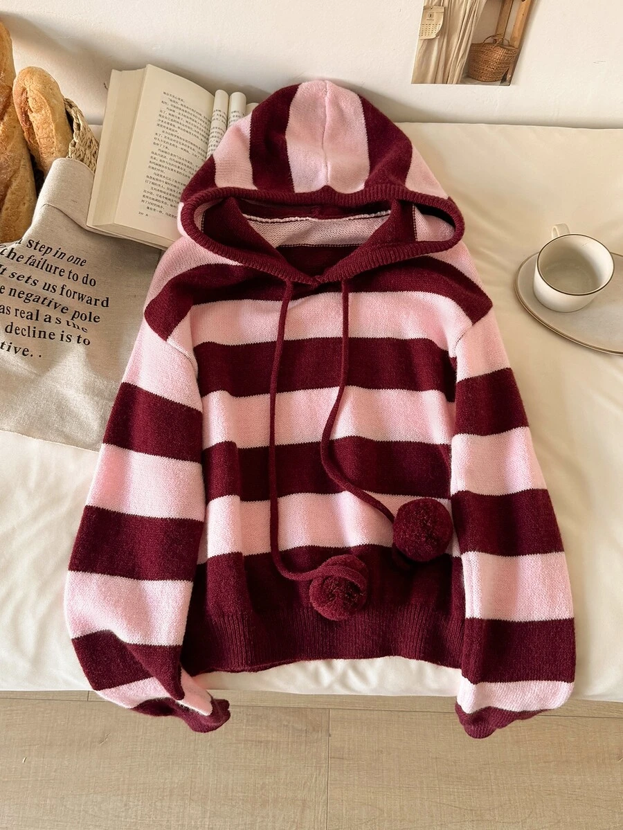 1787474207fad76d96f41f59608b9ad5405fd53b40_thumbnail_900x Elorivane Mauve Pink Striped Hooded Sweater, Drawstring Pom Pom Long Sleeve, Fall Winter Loose Vacation Casual Top - Image 1