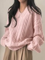 Elorivane Women's Minimalist V-Neck Loose Knit Sweater | Low-Key Vintage Brown Pullover Fall - Image 36