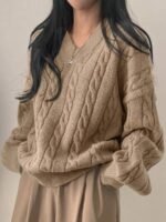 Elorivane Women's Minimalist V-Neck Loose Knit Sweater | Low-Key Vintage Brown Pullover Fall - Image 31