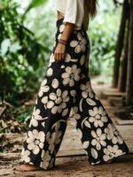 Elorivane Women's Bohemian Style Watercolor Floral Print Plus Size Wide Leg Pants, Vacation Style, Plus Size Pants Fall - Image 9