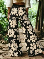 Elorivane Women's Bohemian Style Watercolor Floral Print Plus Size Wide Leg Pants, Vacation Style, Plus Size Pants Fall - Image 8