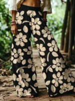 Elorivane Women's Bohemian Style Watercolor Floral Print Plus Size Wide Leg Pants, Vacation Style, Plus Size Pants Fall - Image 7
