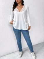 Elorivane Plus Size Mesh Patchwork V-Neck Long Sleeve T-Shirt Elegant Minimalist for Fall Commute Casual Wear - Image 15