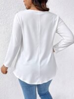 Elorivane Plus Size Mesh Patchwork V-Neck Long Sleeve T-Shirt Elegant Minimalist for Fall Commute Casual Wear - Image 13