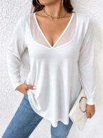 Elorivane Plus Size Mesh Patchwork V-Neck Long Sleeve T-Shirt Elegant Minimalist for Fall Commute Casual Wear - Image 14