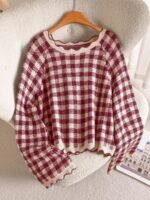 Elorivane Plus Size Black White Plaid Sweater, 80s Style Long Sleeve Versatile Autumn Casual Top - Image 21