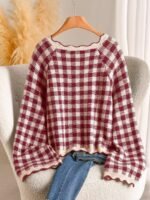 Elorivane Plus Size Black White Plaid Sweater, 80s Style Long Sleeve Versatile Autumn Casual Top - Image 20
