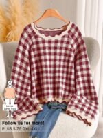 Elorivane Plus Size Black White Plaid Sweater, 80s Style Long Sleeve Versatile Autumn Casual Top - Image 19