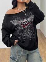 Elorivane Women Plus Size Grey Wash Sweatshirt, Asymmetrical Shoulder Grommet Long Sleeve Y2K Fall Winter Top - Image 46