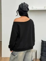 Elorivane Women Plus Size Grey Wash Sweatshirt, Asymmetrical Shoulder Grommet Long Sleeve Y2K Fall Winter Top - Image 45